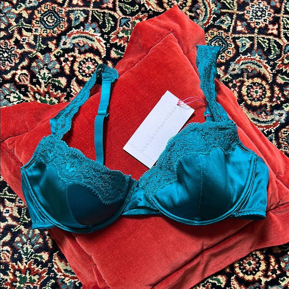 Stella McCartney NWT Dark Emerald silk and lace Bra 36C